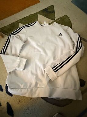 Adidas Woman’s White Crewneck Sweatshirt with Black Stripe Sleeves